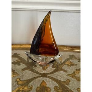 Vintage Amber Art Glass Sailboat Figurine MCM Nautical Coastal Decor 6”